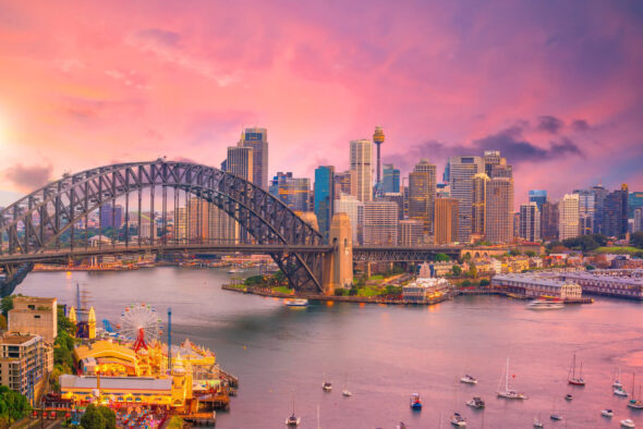 Downtown Sydney skyline in Australia at twilight